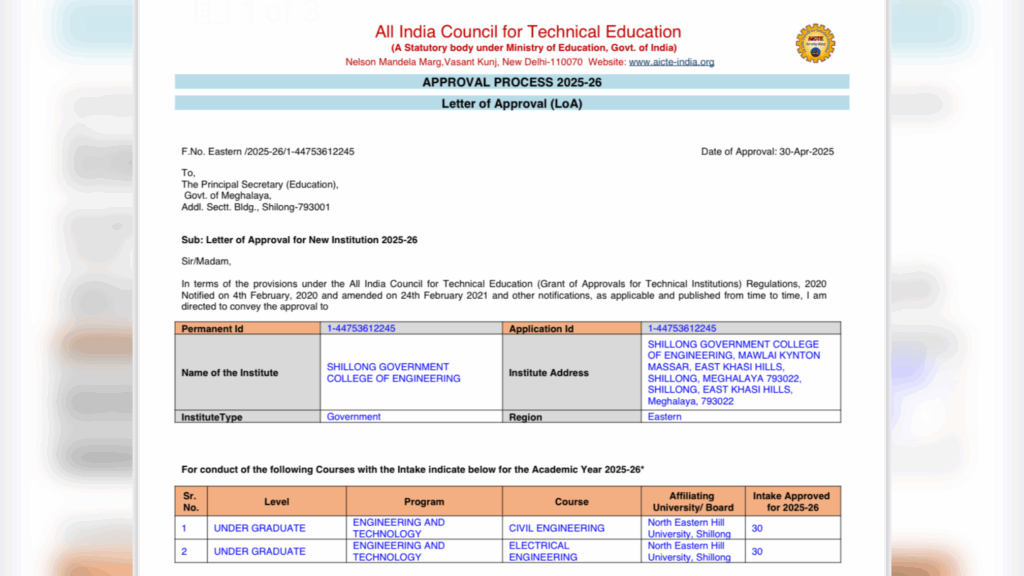Mynjur ka AICTE, ïoh ka Meghalaya ïa ka Engineering College ba nyngkong eh