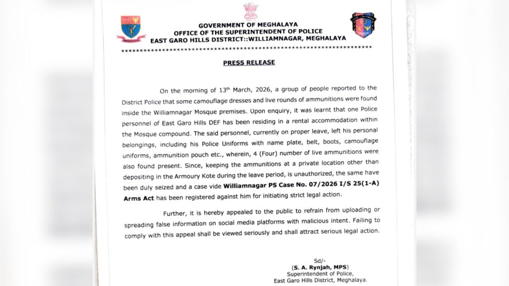 Police Seize Ammunition from Williamnagar Mosque Premises; Case Registered