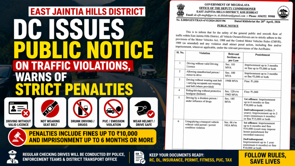 East Jaintia Hills DC Issues Public Notice on Traffic Violations, Warns of Strict Penalties