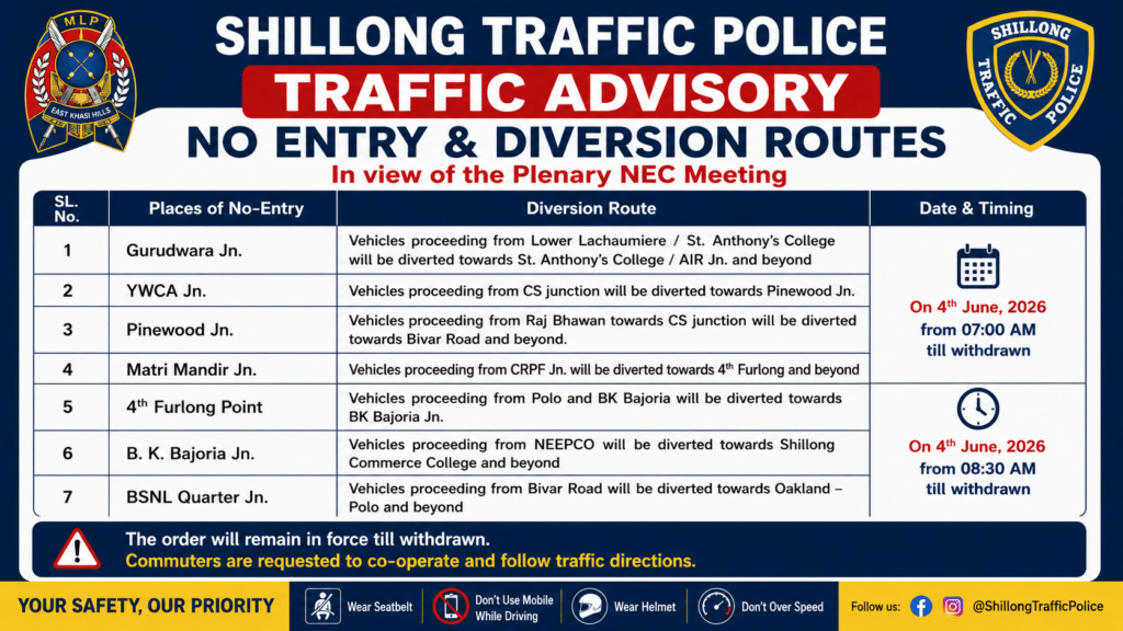 Traffic Diversions Announced in Shillong for NEC Plenary Meeting