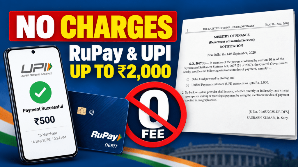 Centre Bars Charges on RuPay Debit Card and UPI Transactions Up to ₹2,000