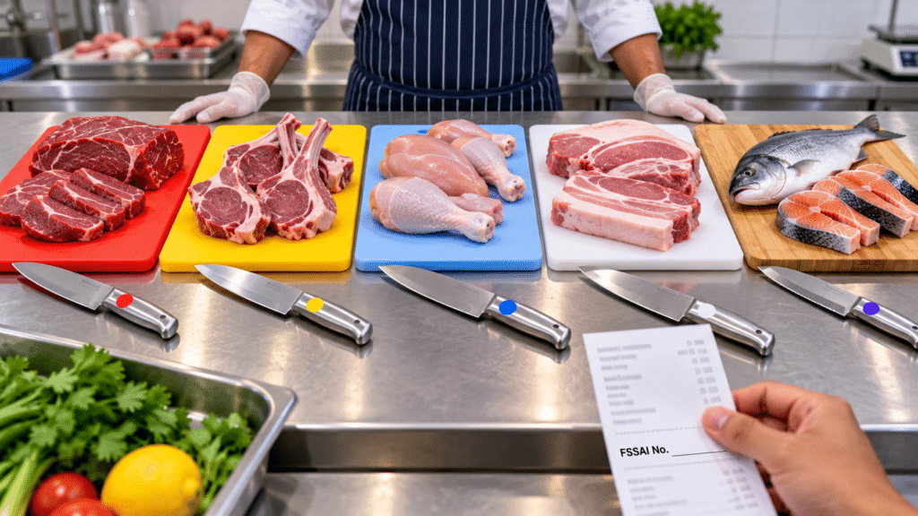 Food Safety Orders FSSAI Number on Bills, Colour-Coded Tools for Meat and Fish Sellers